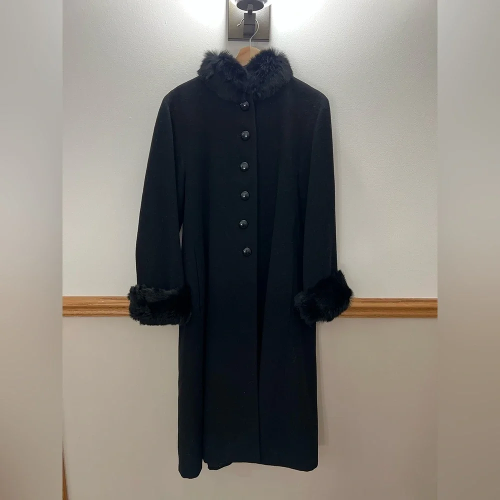 Vintage 100% Wool Rabbit Fur Trim Collar Pea Coat Black size 8 / medium